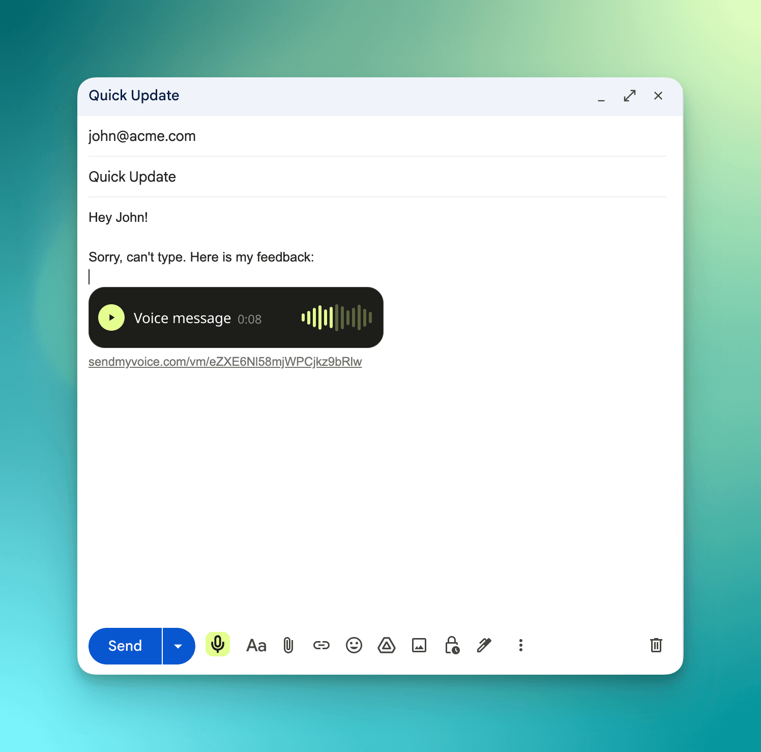 A voice message embedded in a Gmail email using the SendMyVoice extension